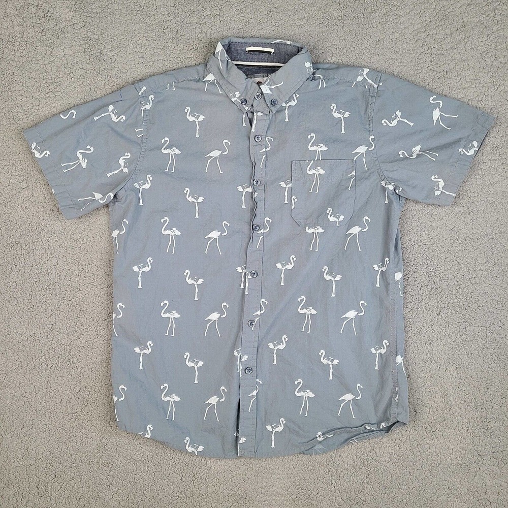 Ditch Plains By Ricky Singh Shirt Men’s Medium Gray Flamingos Button Down‎